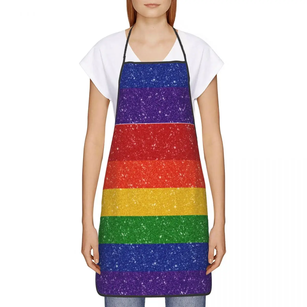 Custom Faux Glitter Rainbow Pride Flag Bib Aprons Unisex Chef LGBT Gay Lesbian Tablier Cuisine for Cooking Baking Gardening