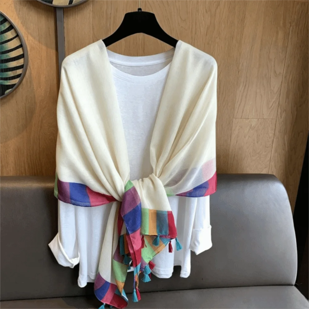 New Rainbow Border Gauze Shawl Tassel Edge Soft Draped Beach Scarf Lightweight Colorful Trim Beach Cover Up Women Fashion