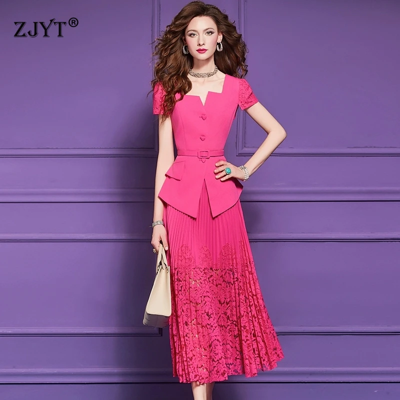 

ZJYT Elegant Womens Two-Piece Dress Sets Summer 2025 Fashion Short Sleeve Top and Long Pleated Lace Skirt Suits Party Outfit