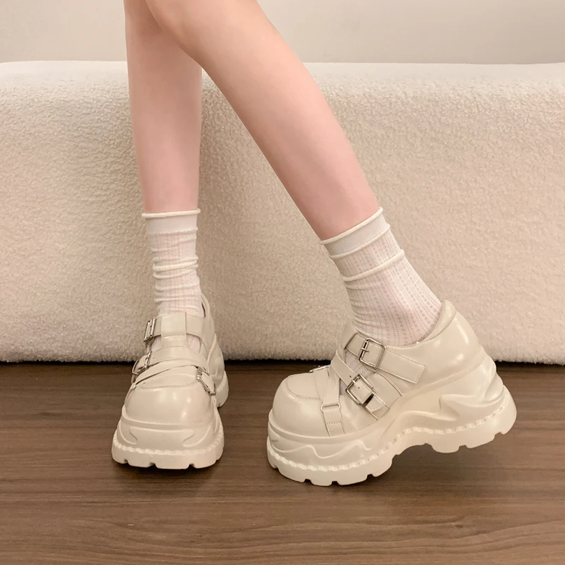 

2026 New Platform Sneakers Women Patent Leather Lace-Up Belt Buckle Female Mary Jane Loafers Spring Pumps