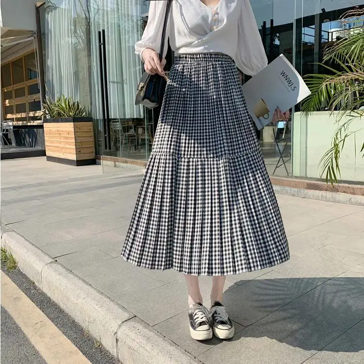 

2025 Spring Summer Plaid Pleated Skirt Elastic High Waist Midi Long A-line Skirts Women Harajuku Preppy Style Vintage skirt