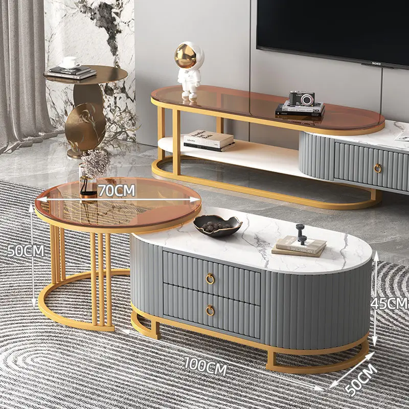 

Rock slab coffee table TV cabinet light luxury modern high-end home living room oval telescopic tea