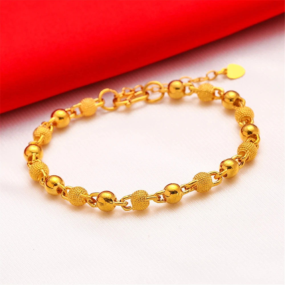 Yellow Gold Plated Charm Bracelets For Women 6mm Smooth Beaded Chain Bracelet Pulseira Femme Wedding Jewelry Party Gift Bijoux