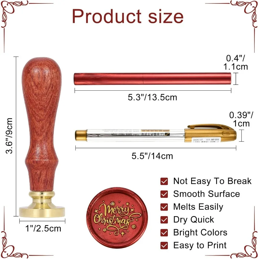 ชุดอุปกรณ์ประทับตราขี้ผึ้ง สุขสันต์วันคริสต์มาส ตราประทับขี้ผึ้ง 10 ชิ้น สีแดงเมทัลลิกและสีเขียว ปืนกาวแท่งขี้ผึ้งพร้อมปากกา เหมาะสำหรับ