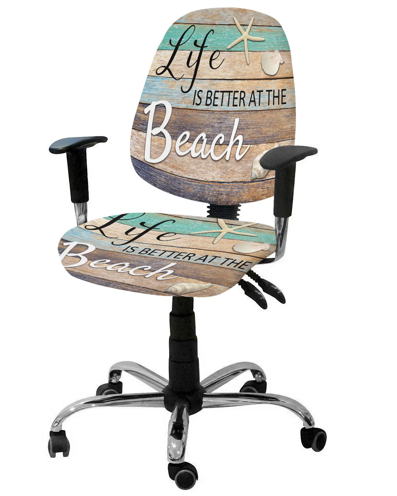 Ocean Beach Wood Grain Starfish Shell Elastic Armchair Computer Chair Cover Removable Office Chair Slipcover Split Seat Covers