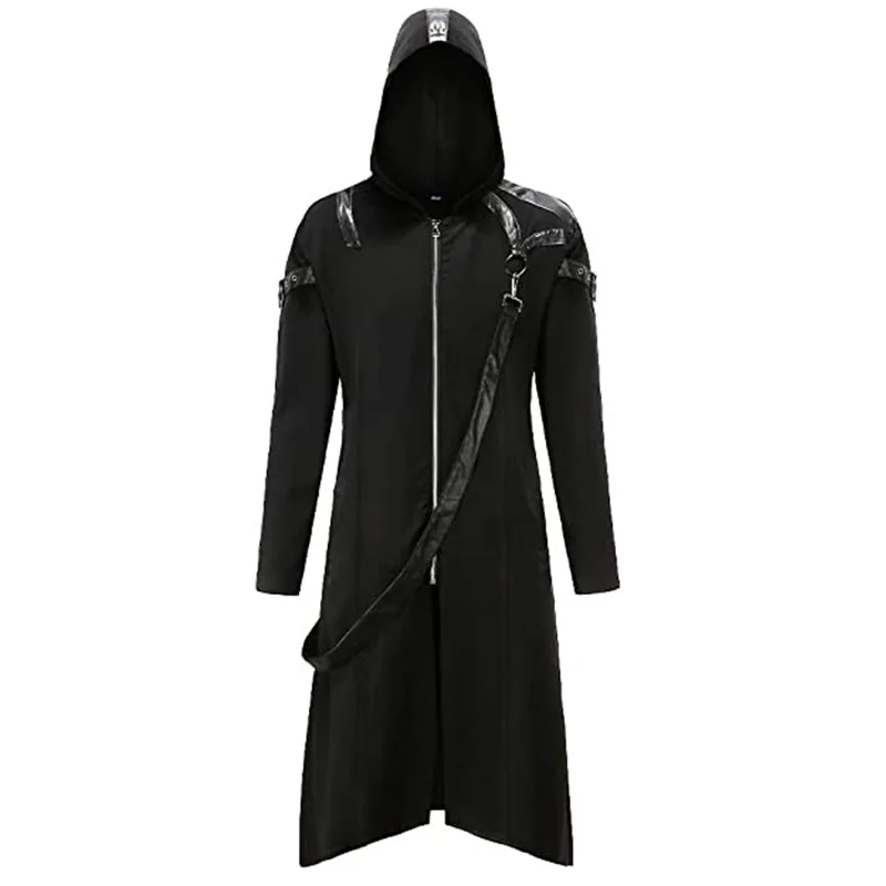 

2025 New Men Halloween Gothic Costume Medieval Cosplay Role-Playing Party Outfits Zipper Long Sleeves Strappy Hoodie Jacket