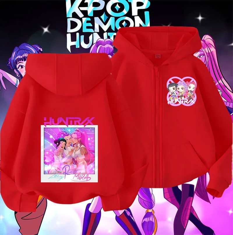 

Худи на молнии KPop Demon Hunters, новый стиль, для мальчиков и девочек 3-14 лет, осенне-зимняя, милая, кавайная, с мультяшным принтом, модная, детская