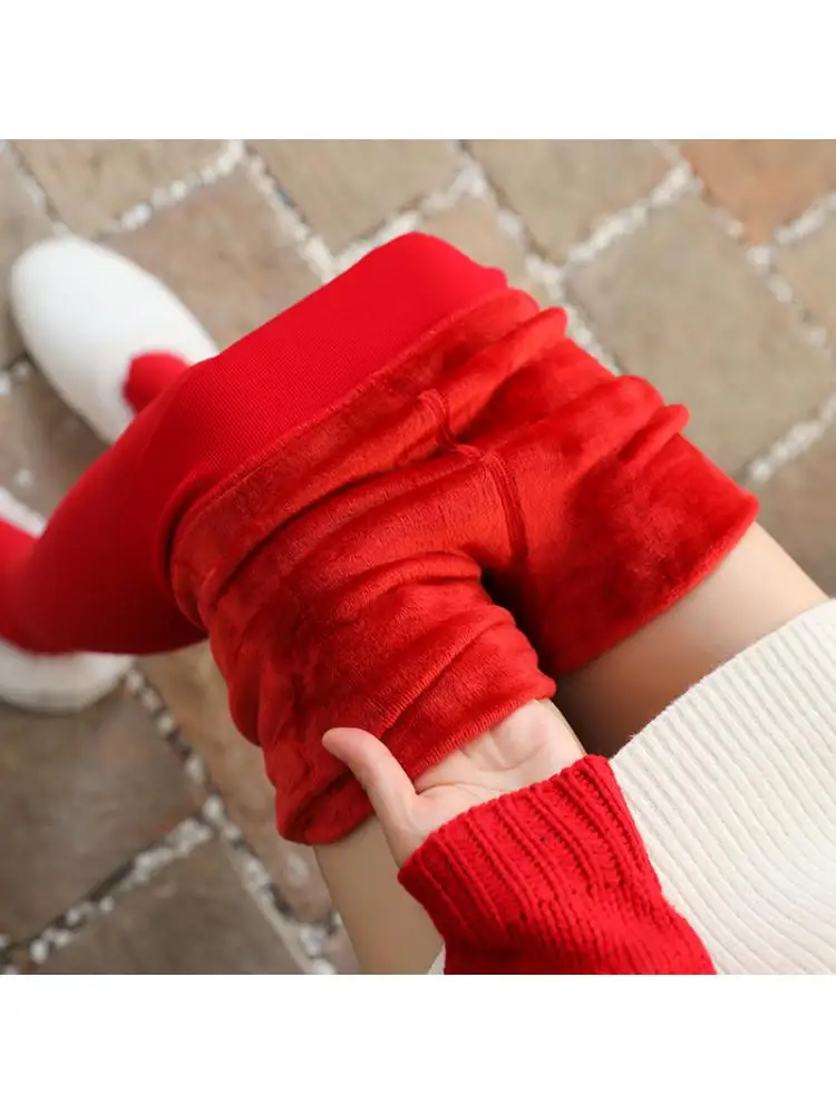 2024 New Year Autumn Winter Leggings Wedding Bright Red Women Wearing Thermal Pants Plush Thickened Pantyhose 158-172CM 300G