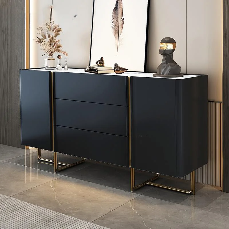 Luxury Light Style Buffet Sideboard Modern Minimalist Custom Marble Top Stainless Steel Leg Storage Black Cupboard For Kitchen