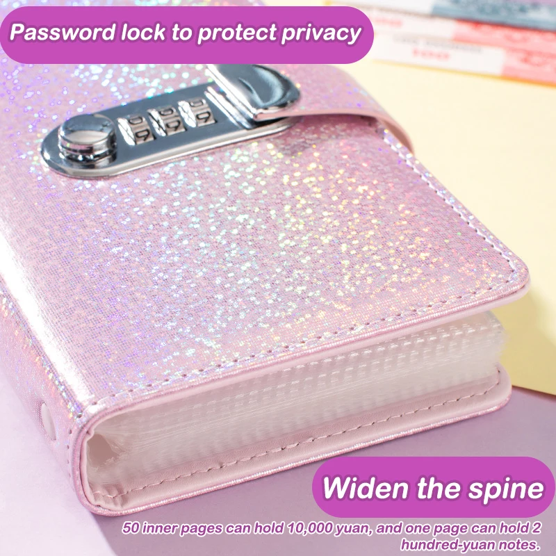 PU Leather 100 Envelopes Challenge Savings Binder Laser Cover With Password Lock Saving Money Notebook Reusable Financial Book