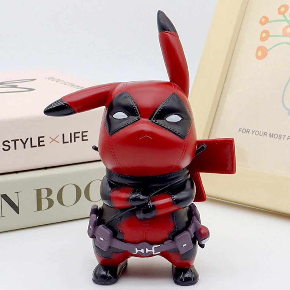 12cm Pikachu Cos Deadpool Anime Figure Characters  Kawaii Pokemon Q Version Cartoon Animation Tide Play Desktop Car Decoration