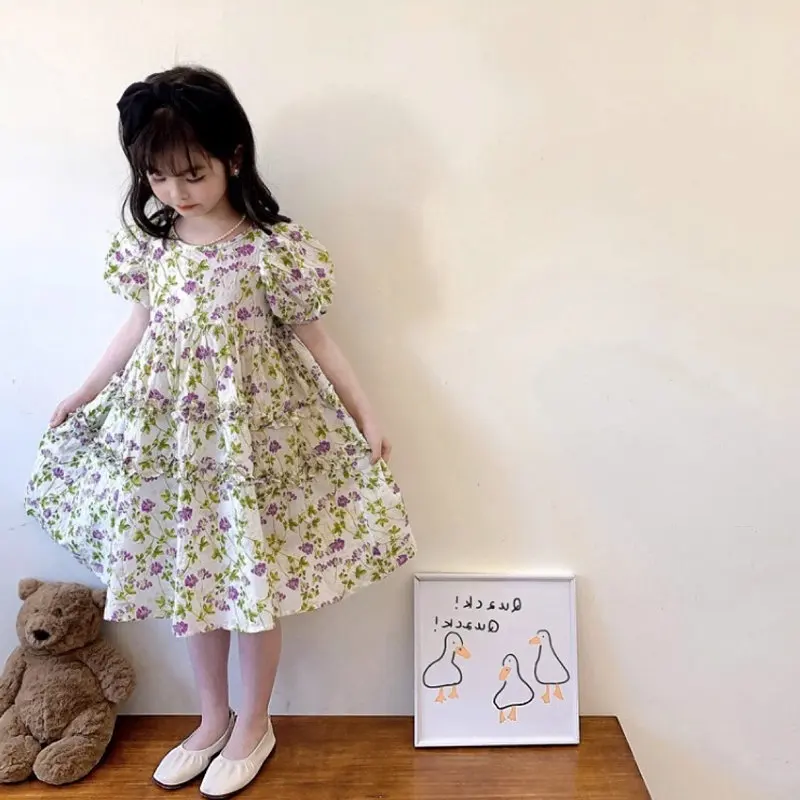 Girls' Floral Round Neck Short Sleeve Dress Princess Dress25Summer New Foreign Trade Children's Wear Delivery3-8Years Old