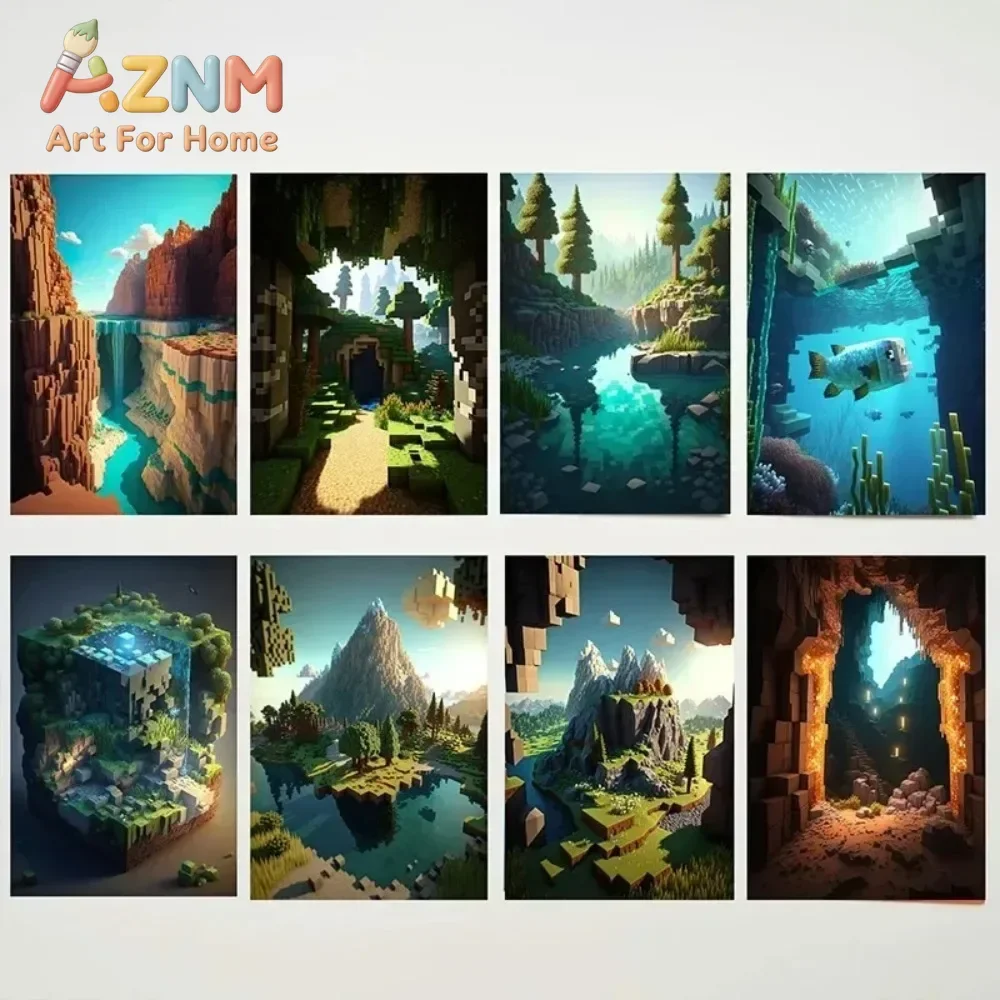 AZNM Block Style Game Scene Canvas Wall Art Pixel World Mountain Cave Underwater Landscape Art Print Unframed Canvas Poster for