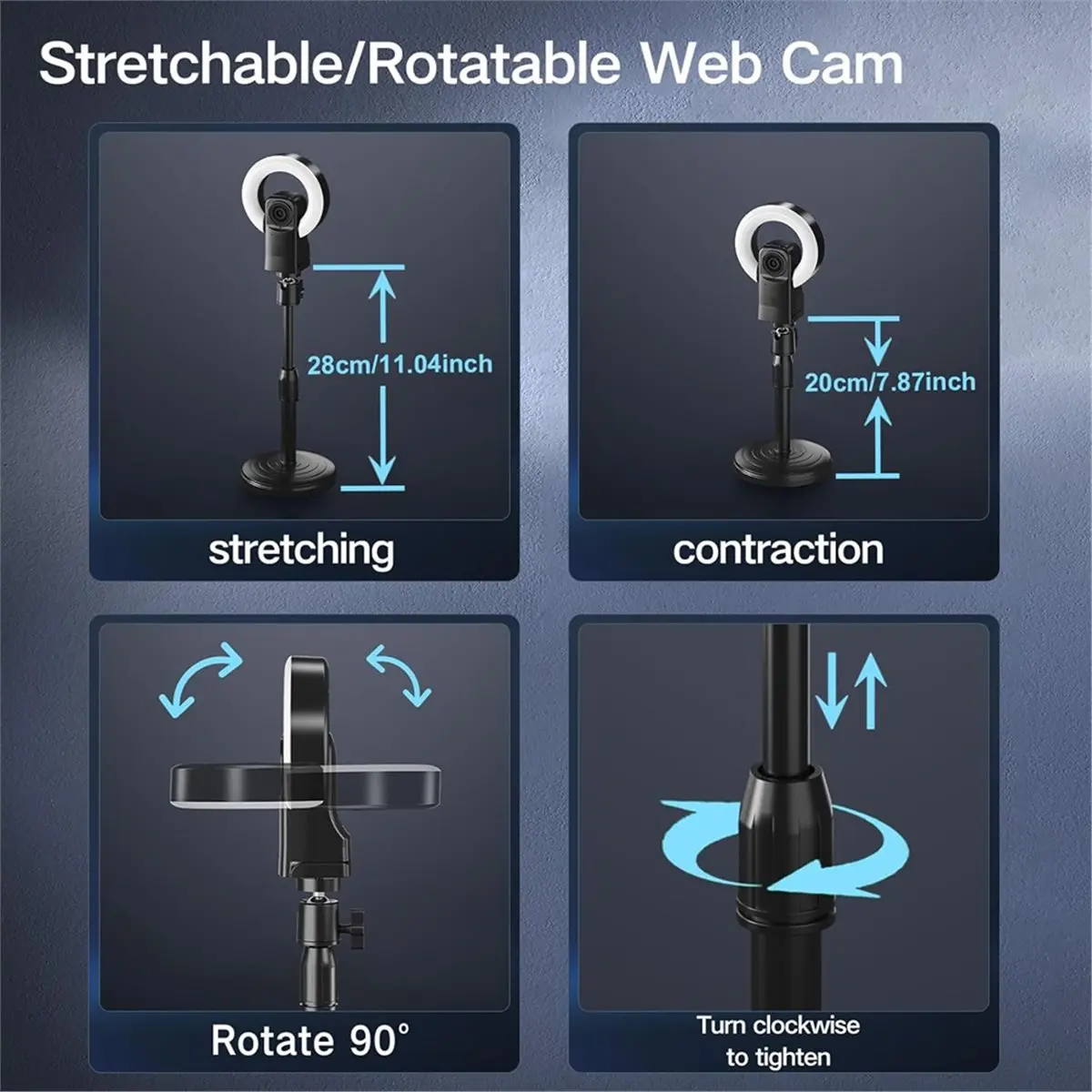 “QUALITY EXCELLE“4K Webcam with Light, Webcam for PC with Microphone, USB Computer Camera with Stand Base for Desktop Live Show