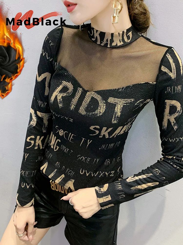 

MadBlack-Женская флисовая футболка в европейском стиле, сексуальная водолазка с принтом бриллианта, модная тонкая футболка с длинными рукавами M-3XL, осень 2021, T5N270CC