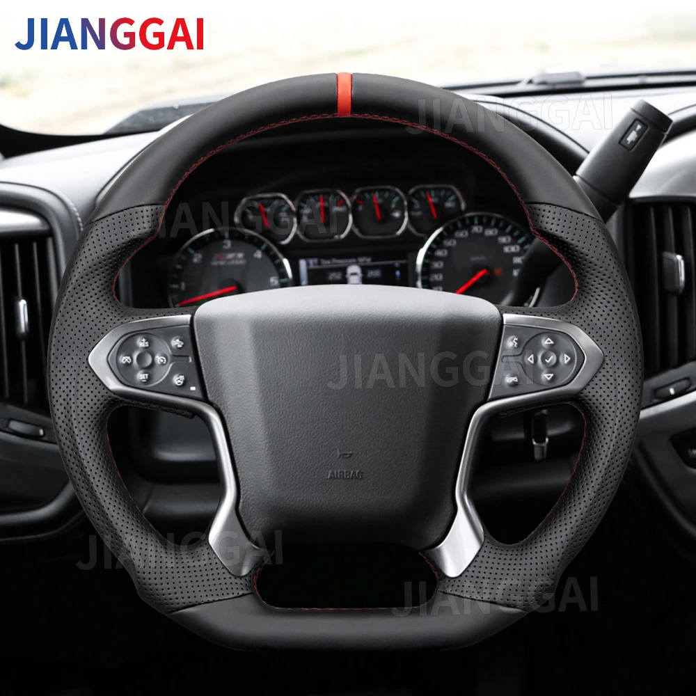 Volante Deportivo de Cuero Completo para Chevrolet Silverado Yukon Sierra Suburban 1500 2014-2019, Volante de Fondo Plano, Accesorios para Automóviles