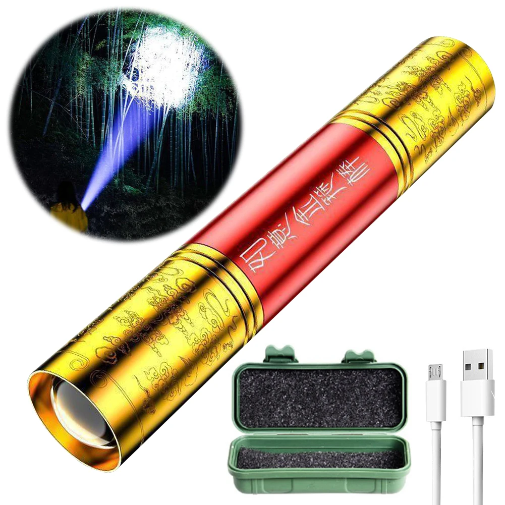 Mini Golden Cudgel LED Flashlight Built-in Battery USB Rechargable Telescopic Zoom Torch Waterproof Camping Emergency Lantern