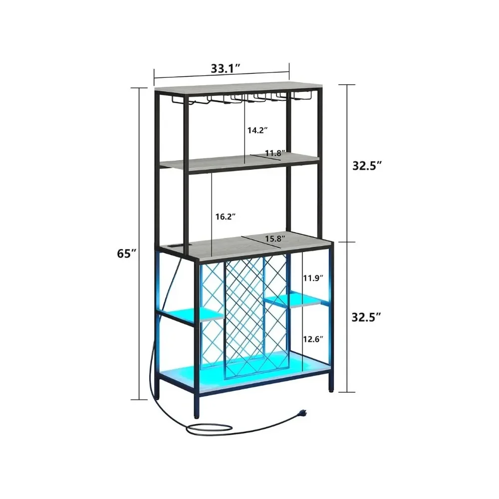 Wine Cabinet with Power Outlets & LED Lights, 5-Tier Industrial Wine Bar Cabinet with Glass Holder, Home Bar Furniture