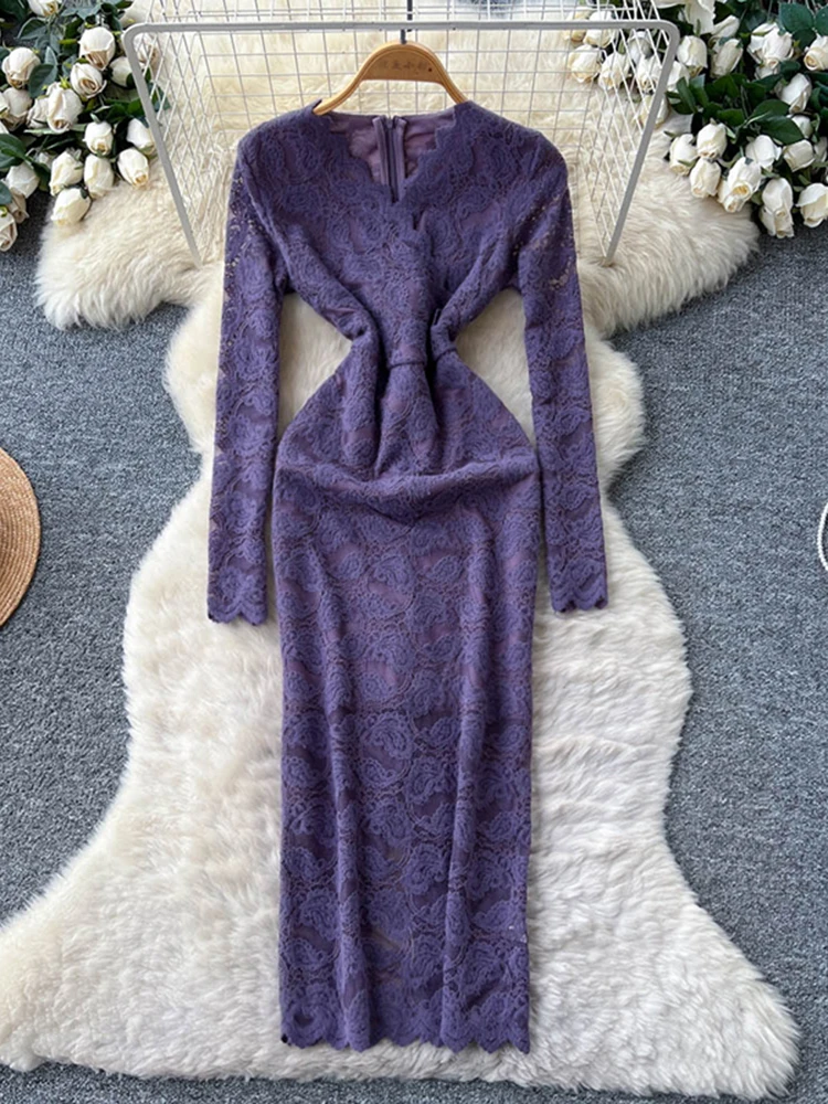 秋冬の女性のエレガントなレースのパーティードレス新しい紫アプリコットファッション長袖ウエストバッグヒップパーティーロングドレス S292