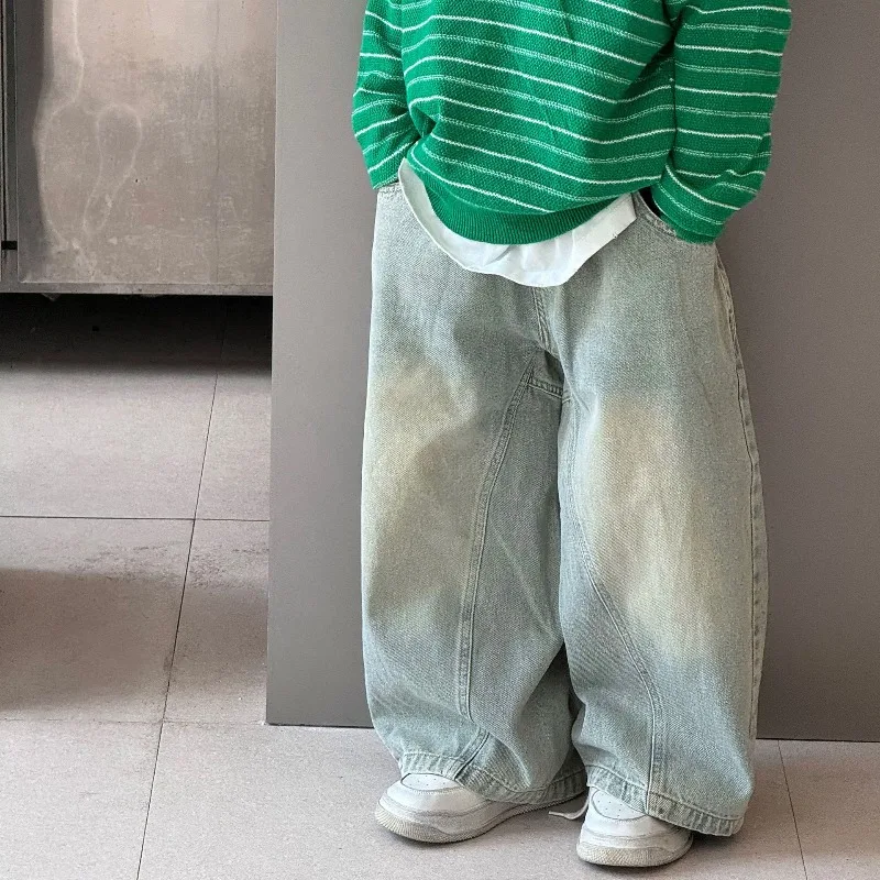 

New Autumn Kids Straight Pants 2-8T Vintage Style Boys Loose Jeans Korean Loose Chidlrens Trousers Girls Baby Wide Leg Pants
