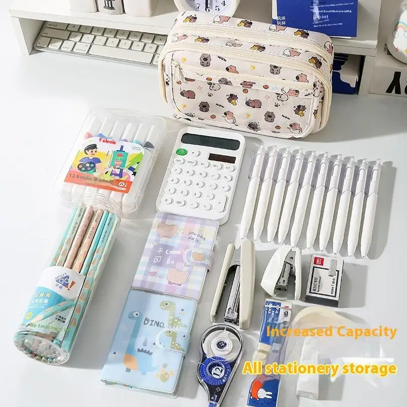 Sac de rangement de papeterie scolaire de grande capacité, 1 pièce, boîte à crayons, trousse à crayons de dessin animé Kapibara avec rabat