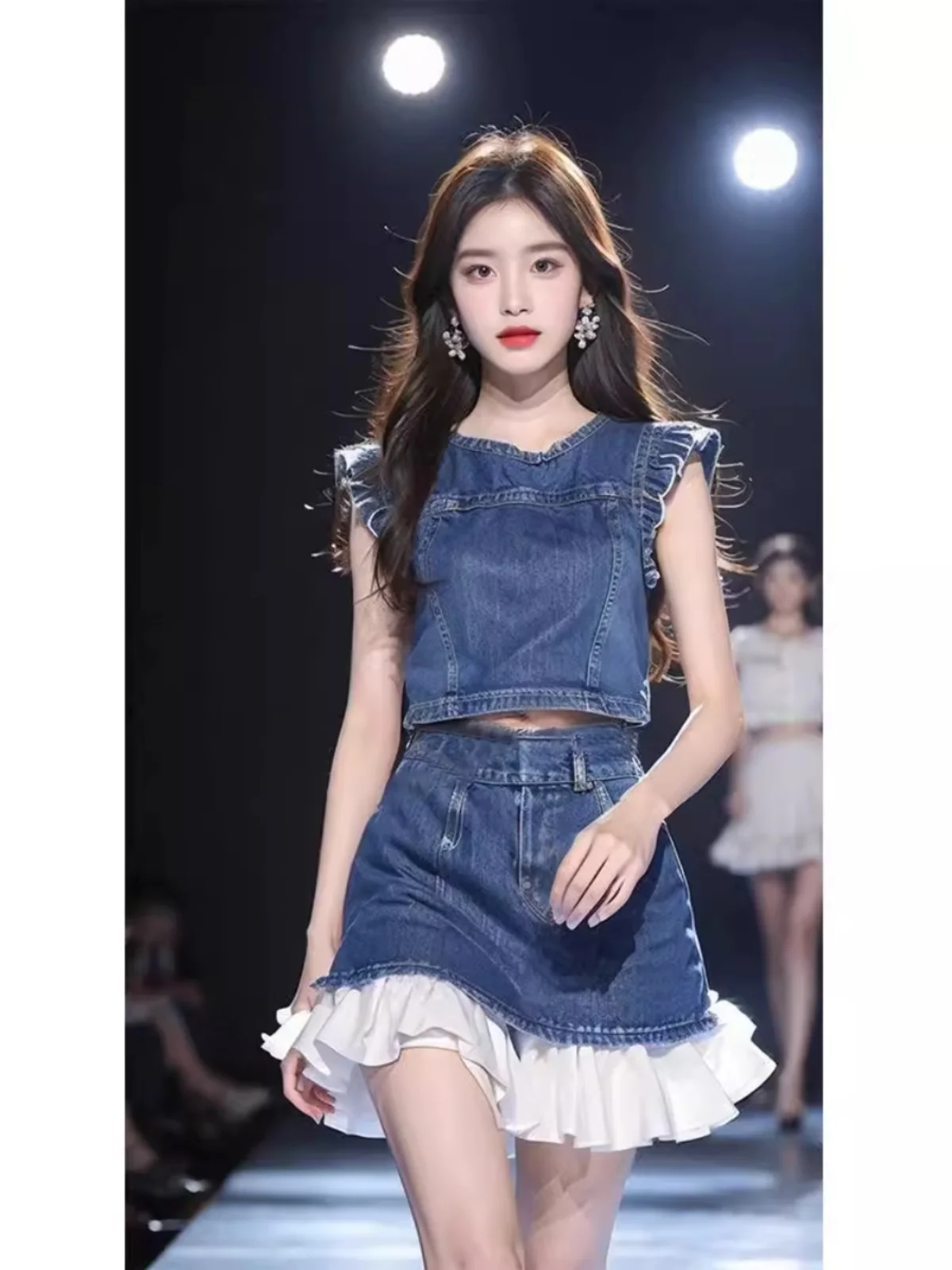 2 Pieces Set , 2024 Summer Women Ladies Fashion Sweet  Flying Sleeve Top A Line Ruffled Patchwork Blue Denim Skirt Sets