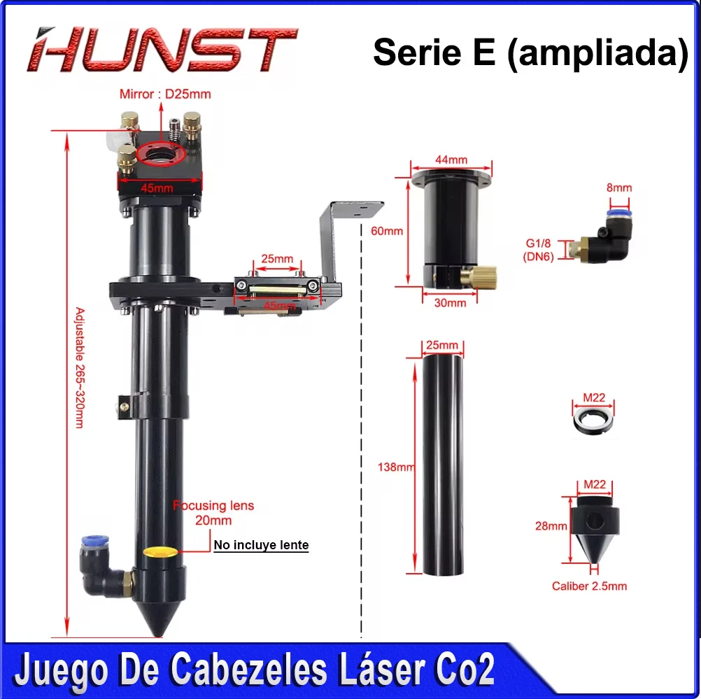 عدسة HUNST CO2 Laser Head E Series (موسعة) D20mm FL50.8 و63.5 مرآة 25 مم لآلة قطع النقش بالليزر ذات التنسيق الكبير.