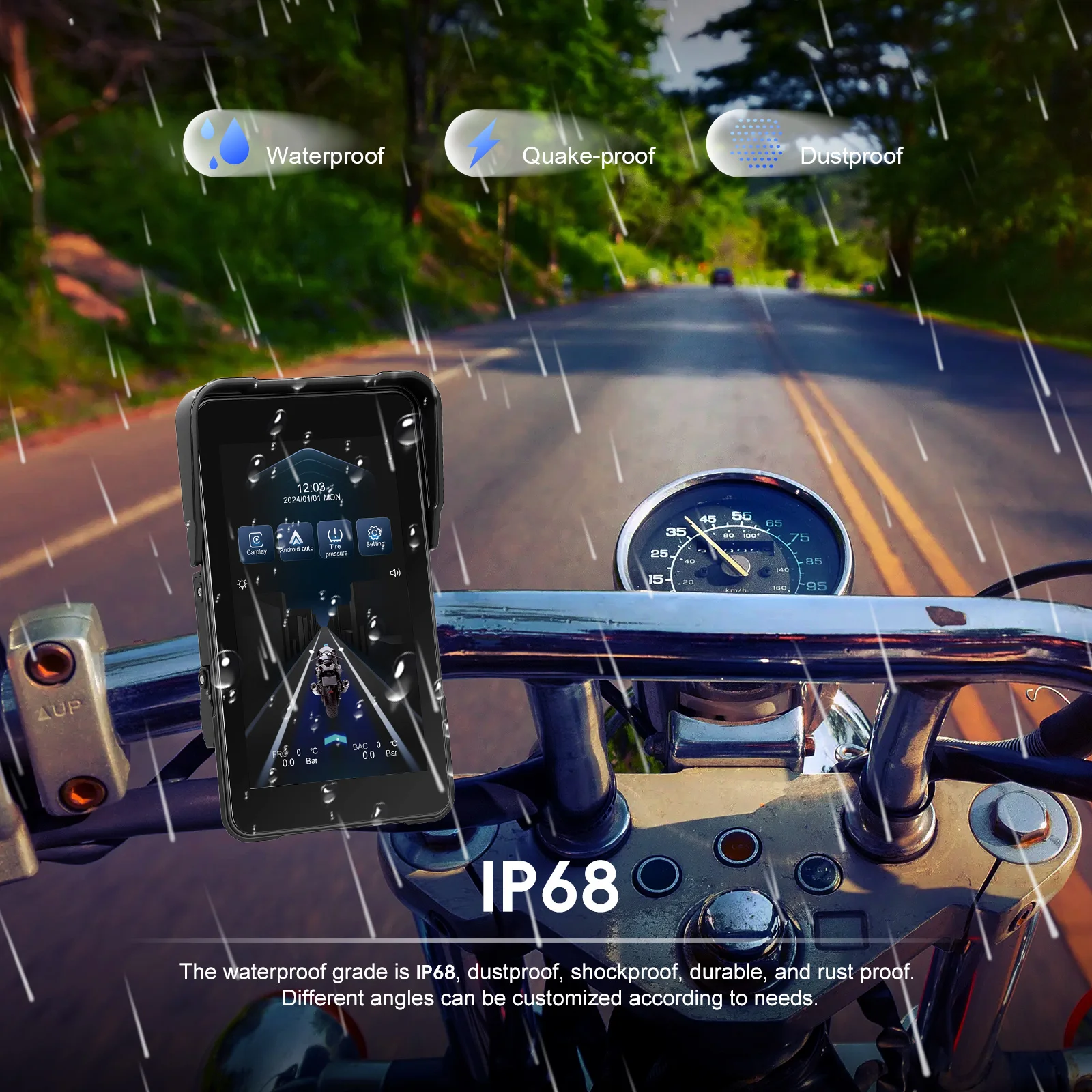 Podofo 5-Zoll-Vertikalbildschirm, intelligentes Motorrad-Display, kabelloses Carplay, Android-Auto-Navigation, IP68, wasserdicht, BT, Helligkeitseinstellung, Motorrad-Monitor, 12 V, mehrere Sprachen, tragbarer Monitor, Smart Player – Detail 3