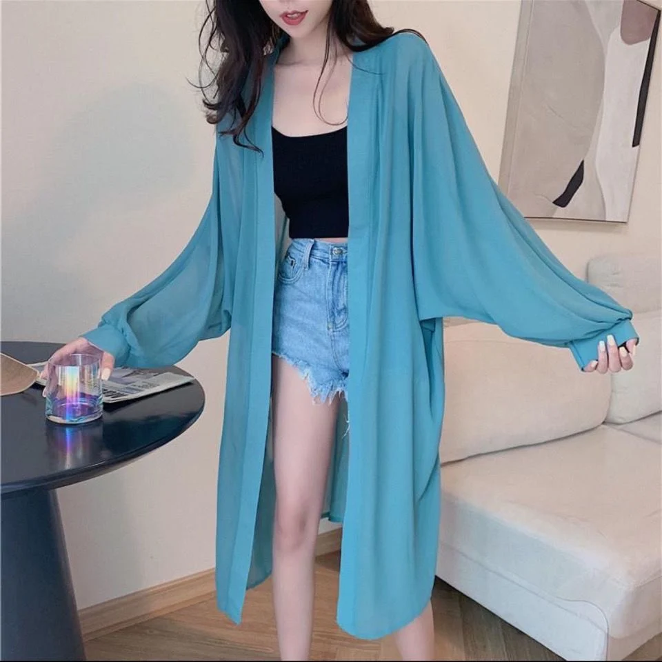

Korean Sle Comfortable Loose Long Sve Pure Color Women's Summer Faion Outerwear Sun Protection irt Chiffon Top