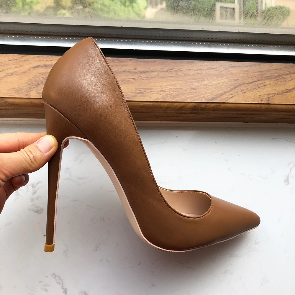 Tikicup Dark Brown Matte Women Pointy Toe Slip On High Heel Shoes Elegant Ladies Formal Dress Stiletto Pumps Plus Size 33-45