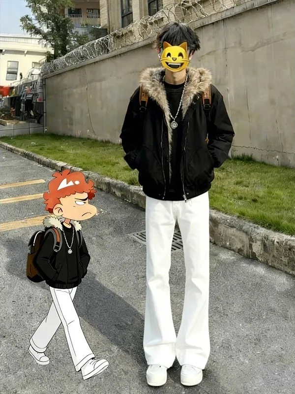 

Белые американские джинсы-стрейт с флисовой подкладкой для мужчин, осенне-зимние, зауженные, с расклешением от колена, Cleanfit