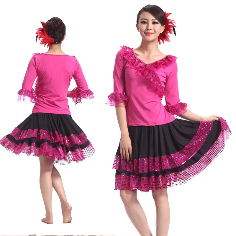 

Индивидуальный комплект с большой распашной юбкой и блестками для социальных танцев, танцевальный комплект с длинными рукавами для женщин, бальное платье, стандартное современное