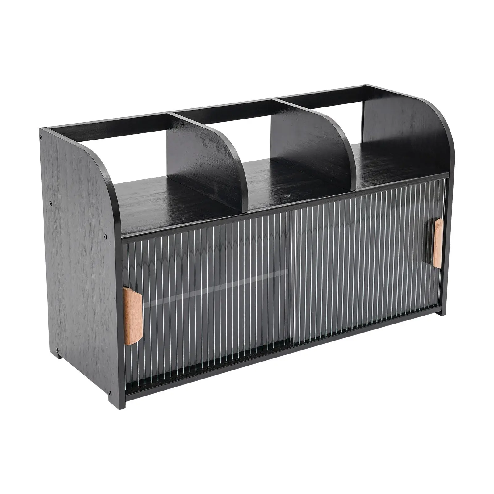 Lemari Penyimpanan Bambu, Bufet Kecil dengan Pintu Geser 3 Kompartemen Terbuka Lemari Makan Penataan Meja untuk K