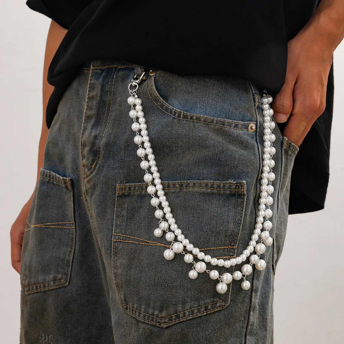 

KunJoe Hip Hop Multi Layer Imitation Pearl Jeans Pants Chain Men Punk Lobster Clasps Beads Belt Waist Chain Clothing Decoration