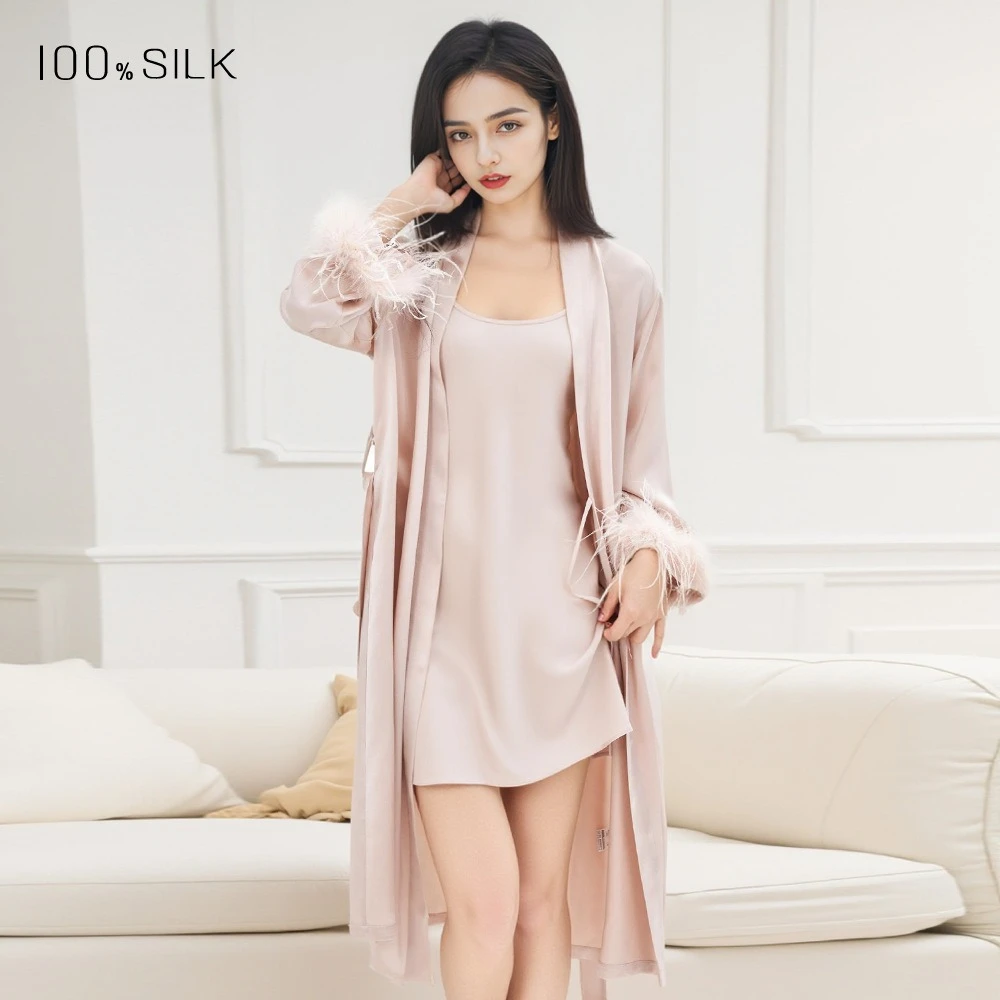 19 Momme Heavyweight Silk Robe Nightgown Set Luxurious Feather Mulberry Silk Pajamas New Style Morning Robe Outer Robe Sexy Home