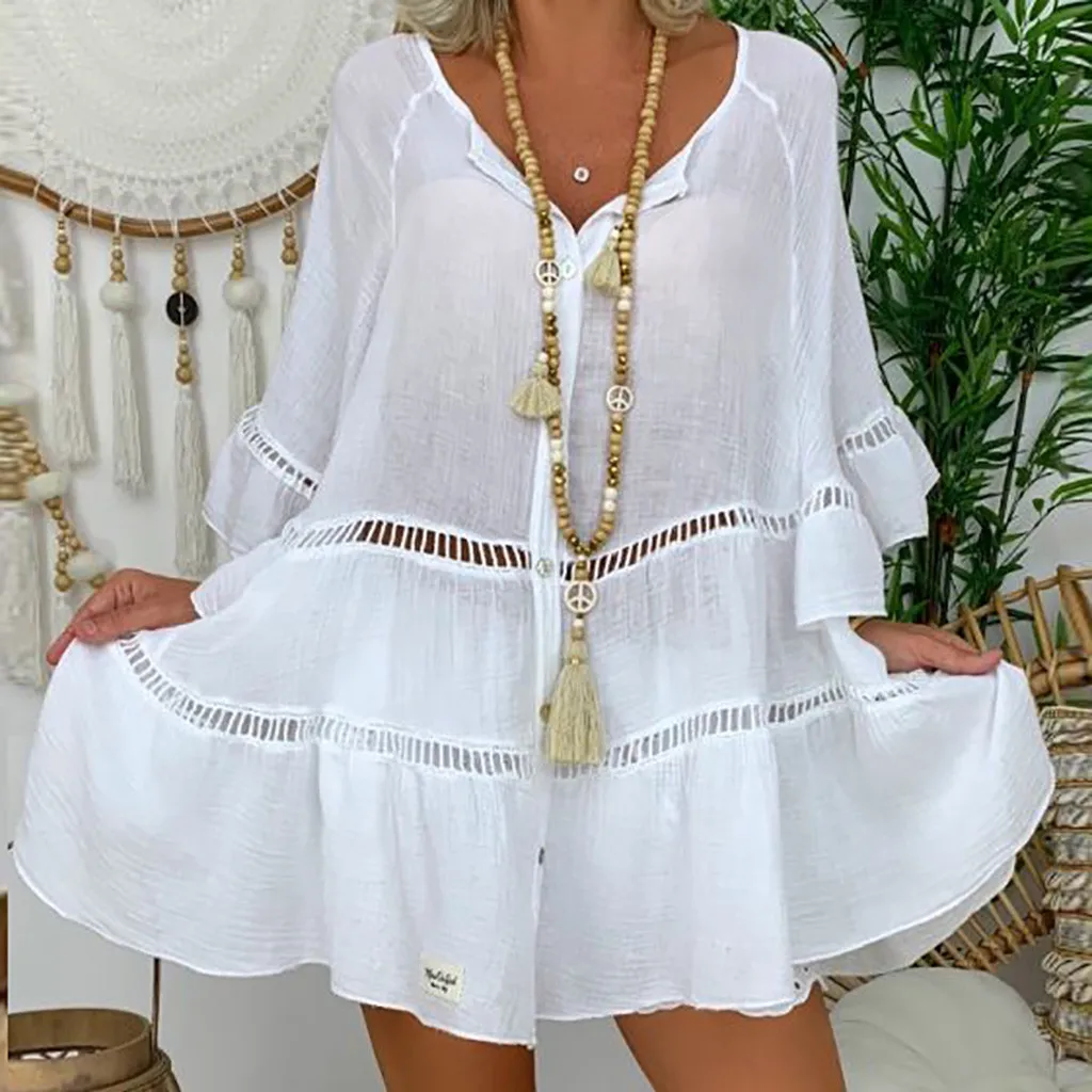 2023 Summer Fall Cotton Linen Blouse for Women 3/4 Sleeve V-neck Loose Button Up Dress Hollow Large Size Shirt Dress Tops Mujer