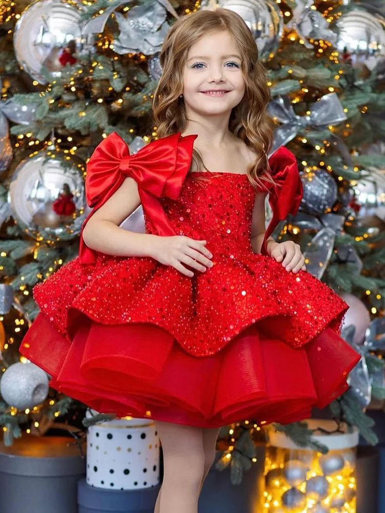 2024 New Christmas Children\'s Dress Flower Wedding Sequenant Princess Princess Skirt 2-10 years old Red Girl Dress Spot