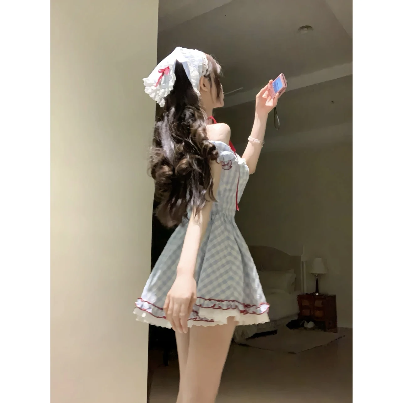 Japanese Kawaii Sweet Short Party Dress Women Sleeve Y2k Vintage Plaid Mini Dress Female Elegant Chic Lolita Clothing Outfits