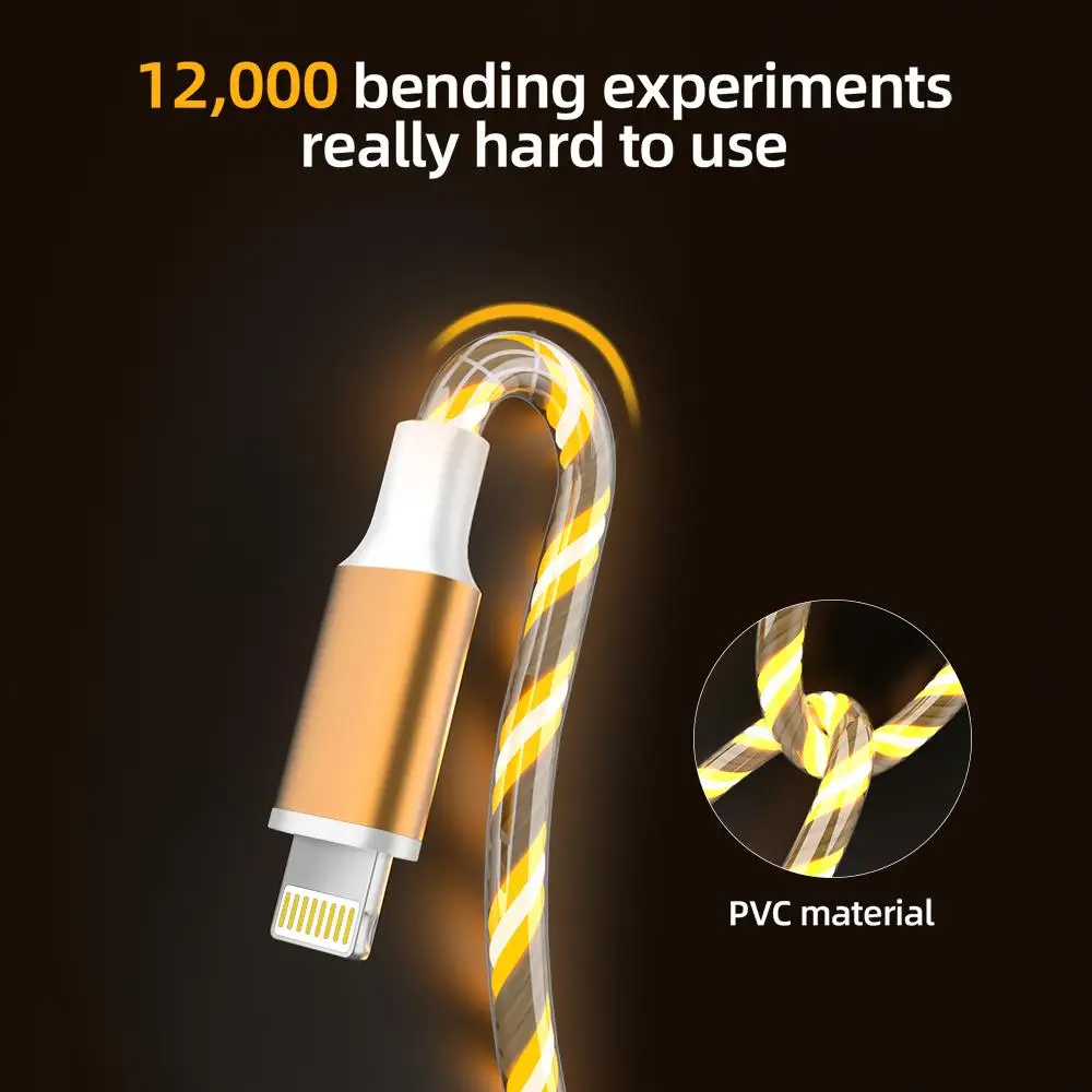 كابل شحن الهاتف 3 في 1 متعدد USB متدفق LED، مع واجهة لموصل شاحن USB Apple + Type C + Micro #4