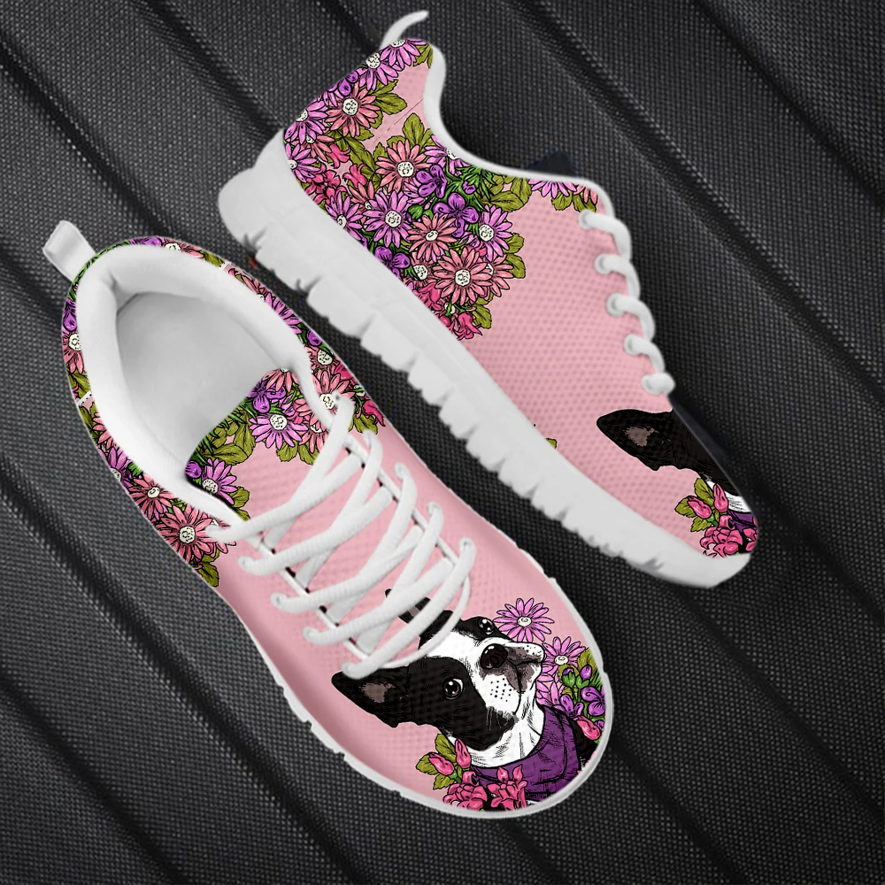 

INSTANTARTS Lovely Boston Bull Terrier Floral Pattern Women Flat Shoes Wear-Resistant Casual Sneakers for Girls Zapatos Mujer