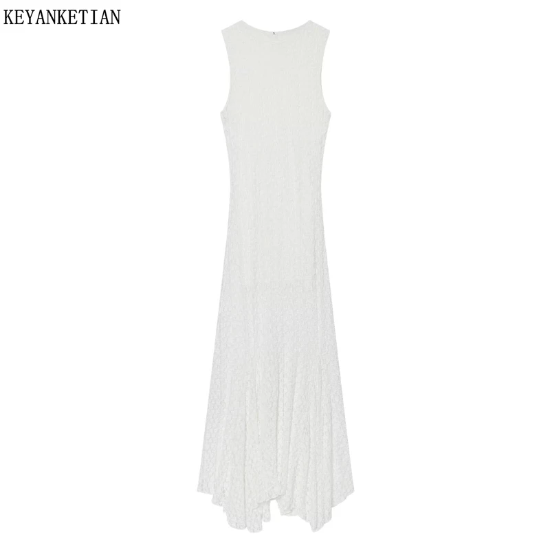 KEYANKETIAN 2026 New Elegant White Lace Dress Women Sleeveless Crew Neck Asymmetrical Hem Summer Casual Party Midi Dresses