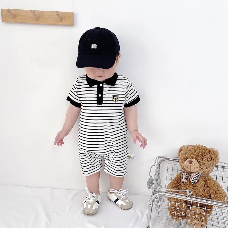 Baby short-sleeved clothes, summer clothes, newborn baby boy jumpsuit, full moon and 100 days, 0 to 6 months old, summer lapel s