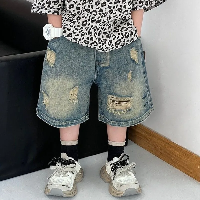 2026 Summer New Boys Denim Shorts Solid Color Fashion Hole Knee Length Jeans Pants For 2-10 Years Teen Kids Casual Clothing