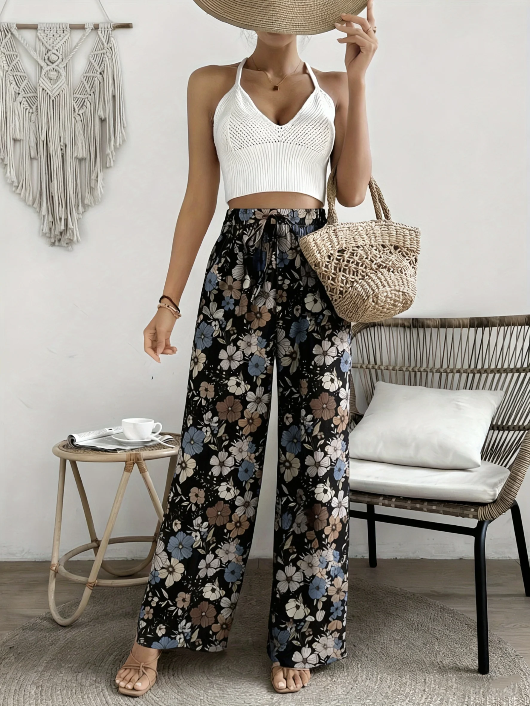 Didi Direction Plus Size Women'S Clothing Floral Pattern Summer High-Waist Drawstring Loose Casual Trousers