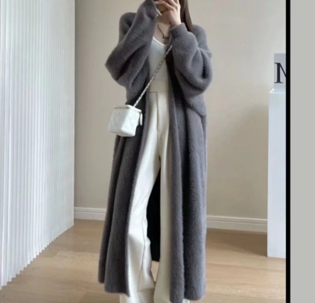 Women's Knitted Jacket 2024 Autumn Fashion New Mink Fleece Cardigan Loose Large Thick Medium To Long Lazy Style Knitted Jacket image 5