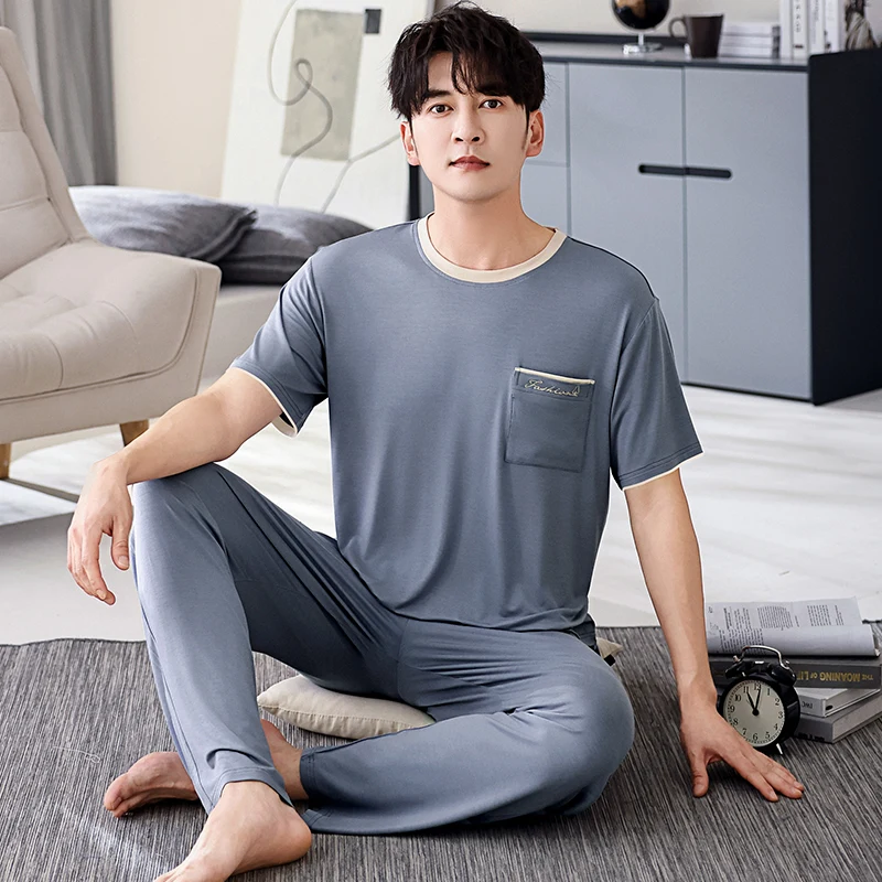 

New Modal Lounge Wear Sleepwear Pyjamas Mens Short Sleeve Long Pants Pajamas Set Sleepwear Leisure Suits Nightwear Men Homewear