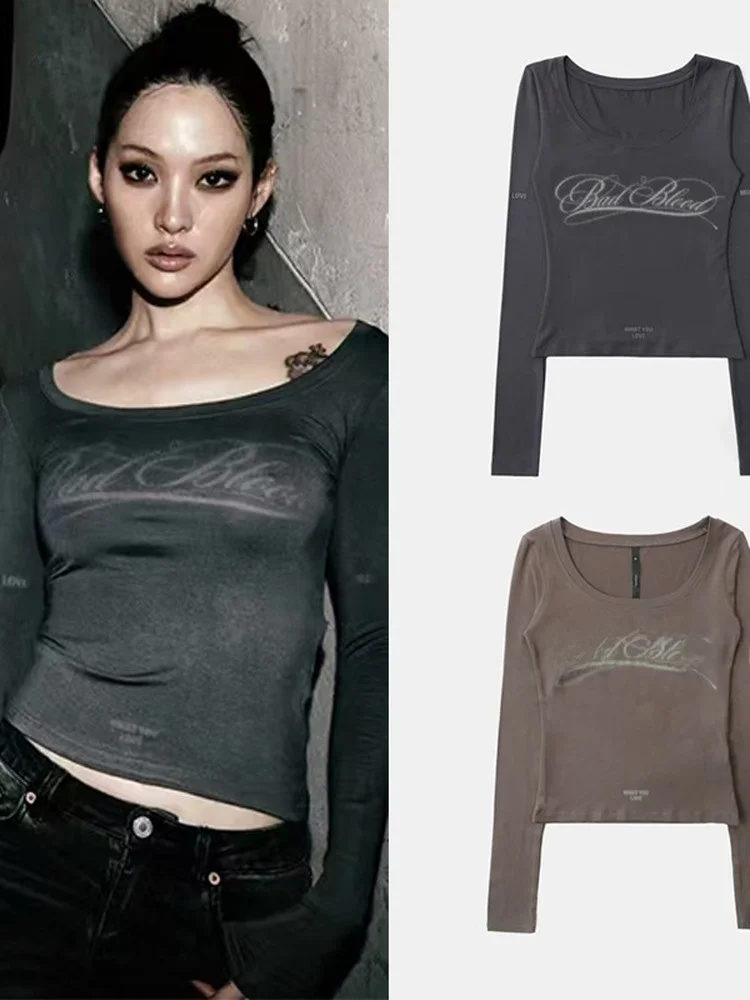 

Женская футболка Long Sve в стиле ретро с пикантным буквенным принтом, облегающий базовый топ на одно плечо, дышащий хлопковый повседневный топ