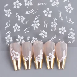 5D Hibiscus Flower Nail Embossed Sticker Acrylic Pink White Gold Petal Leaf Adhesive Decal Butterfly Dragon Floral Elegant Decor