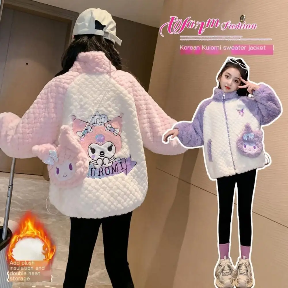 Kawaii Sanrio Kuromi Girls Fleece Coat Kids Long Sleeve Thickened Warm Fashion Zipper Top Children's Autumn Winter Clothing Gift