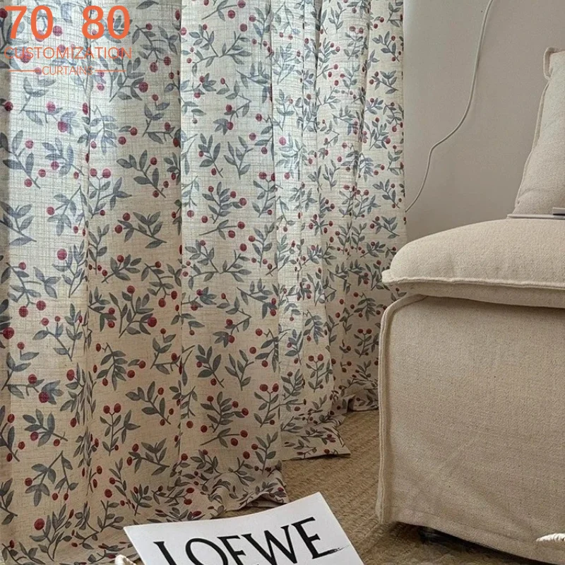 Sea Salt Blue American Printed Cotton and Linen Patched Curtains for Living Room Bedroom French Window Customized Valance